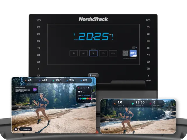 NordicTrack treadmill paired with phone showing iFIT Train